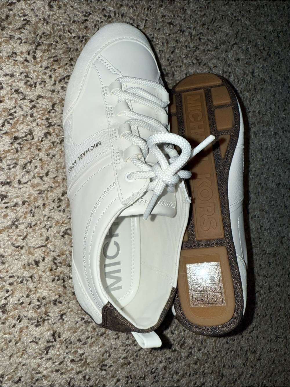Michael Kors White Leather Women’s Lace-Up Sneakers with Brown Sole